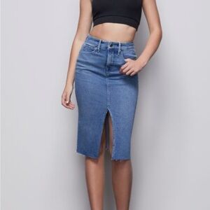 Blue midi denim skirt with front slit.